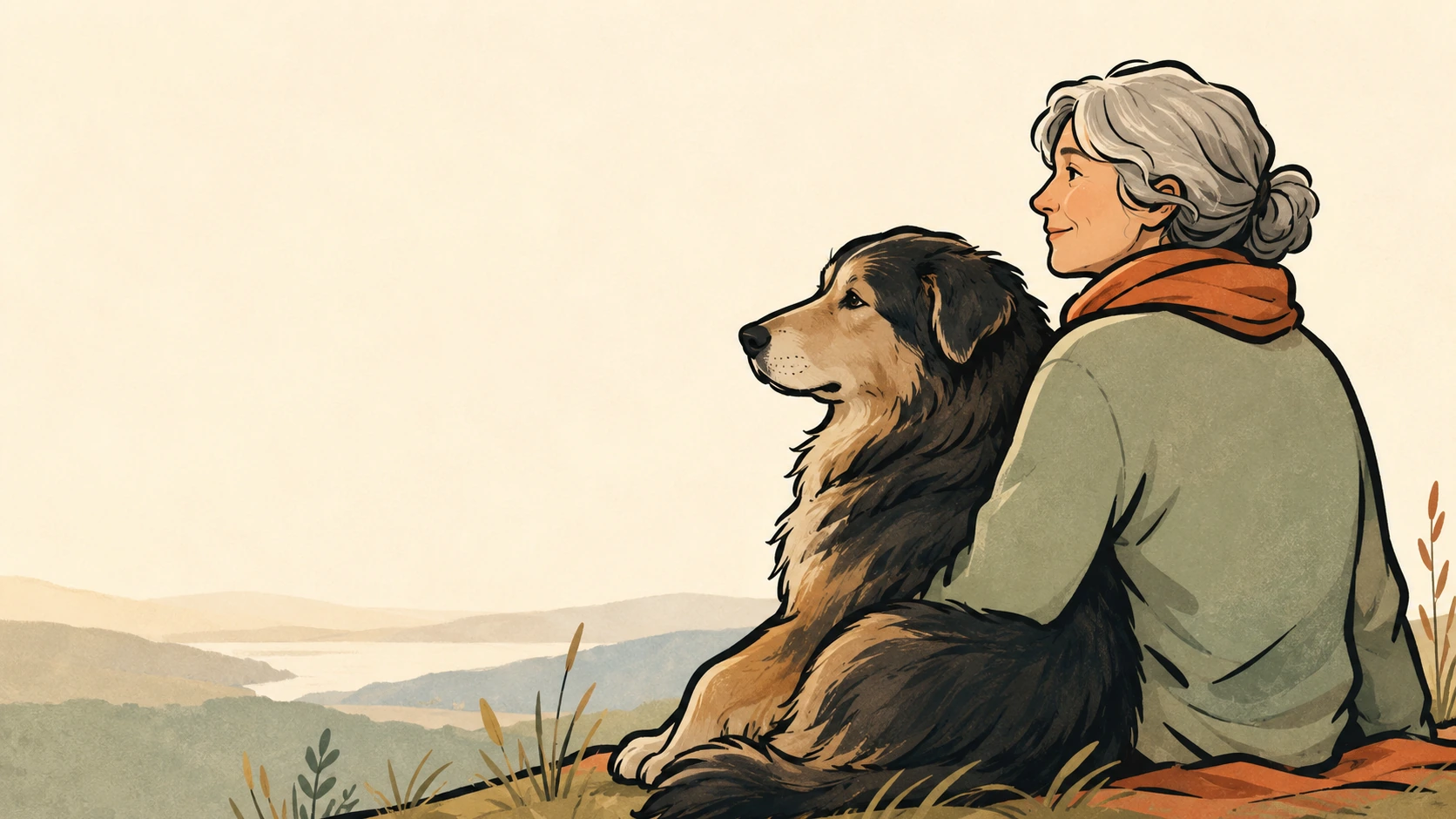Une femme et son grand chien senior assis côte à côte face à un horizon paisible