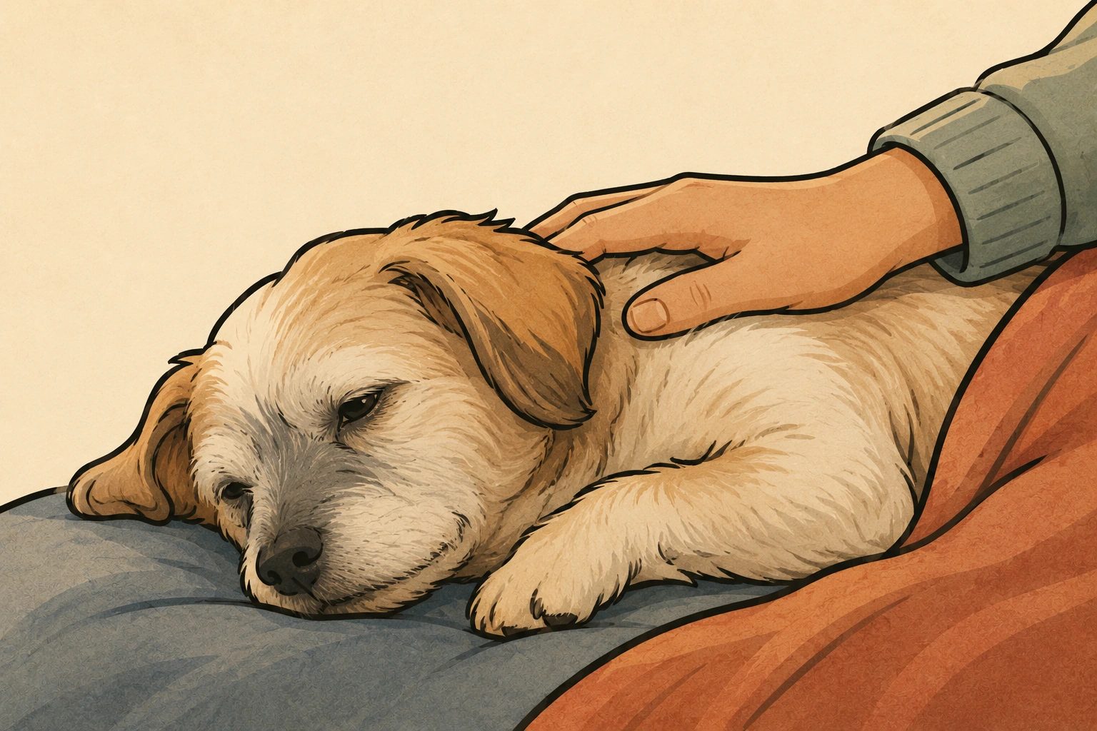 Une main posée doucement sur le flanc d'un petit chien