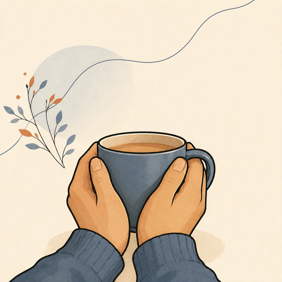 Deux mains réchauffées autour d'une tasse, dans une lumière douce
