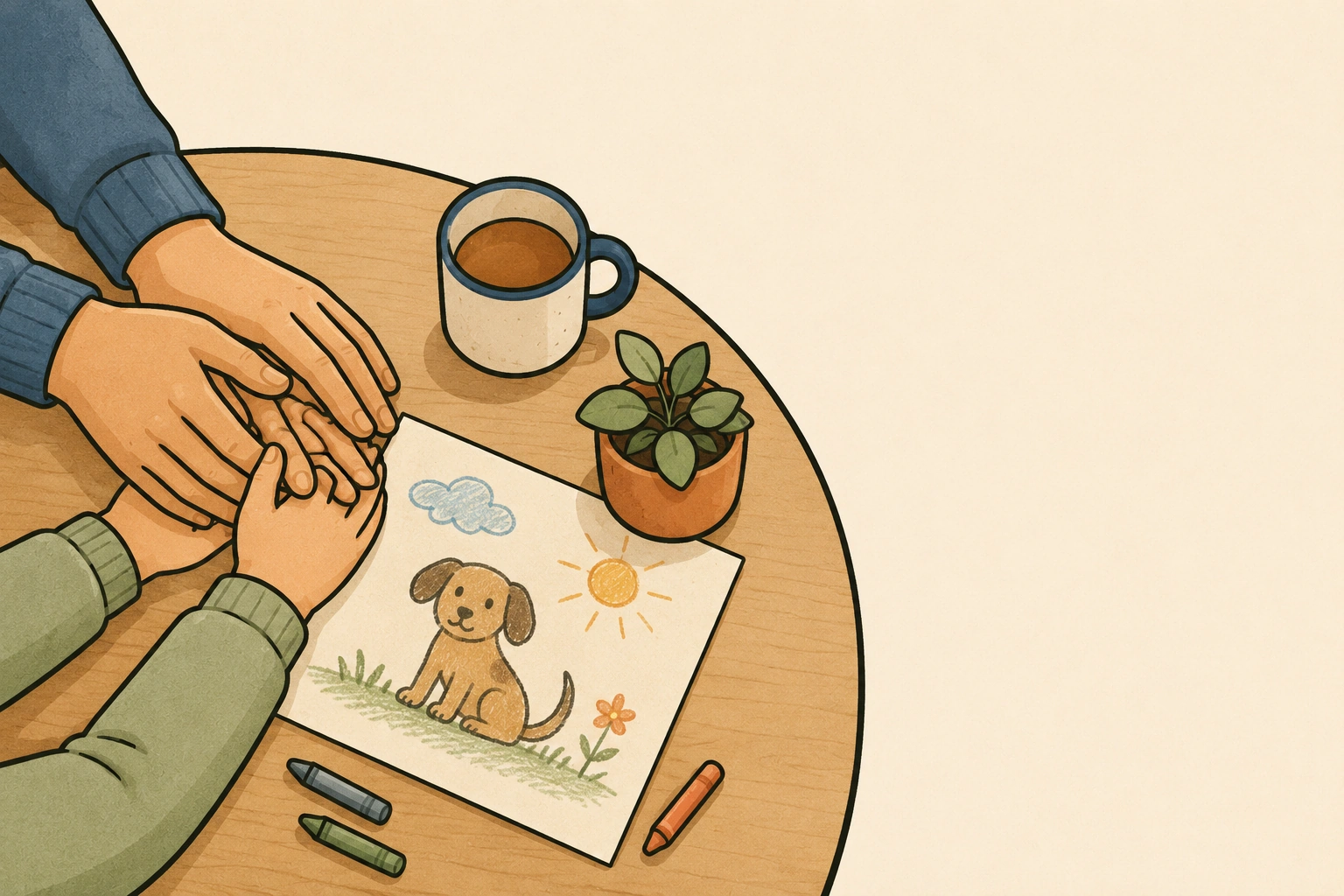 Vue de dessus d'une table : les mains d'un adulte tiennent celles d'un enfant près d'un dessin de chien, d'une tasse et de crayons de couleur