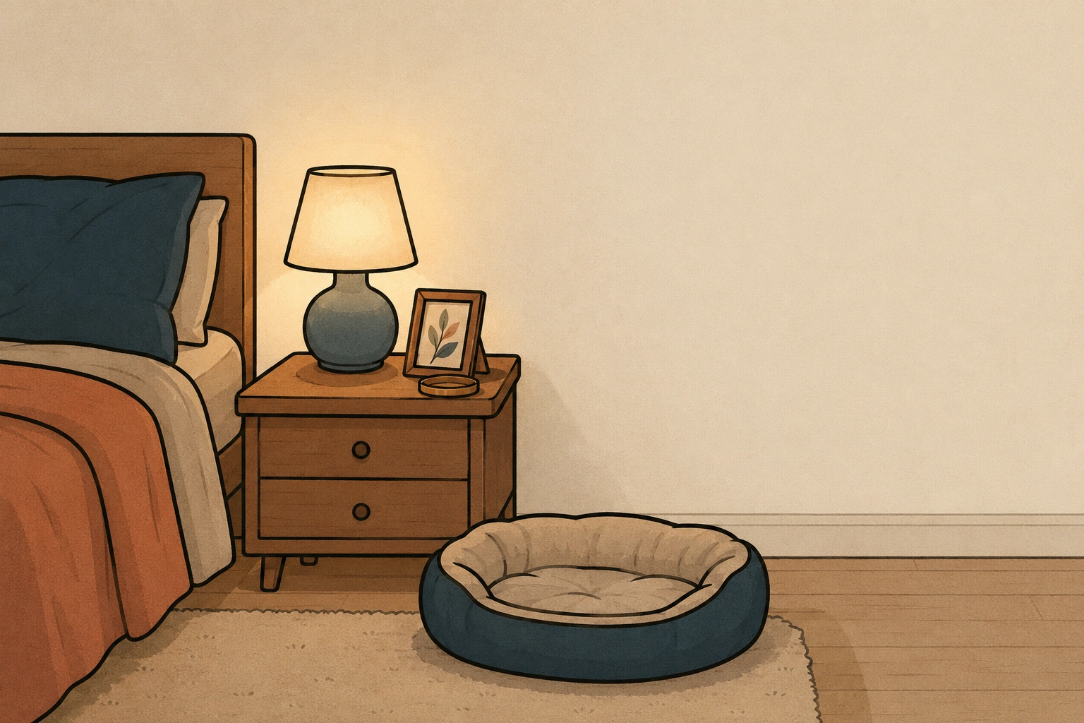 Une chambre avec un lit, une table de nuit à lampe et cadre, et un panier d'animal vide sur le tapis