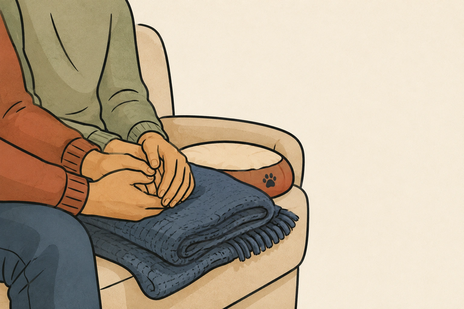 Deux mains l'une sur l'autre sur un plaid plié, sur un fauteuil, un panier d'animal à côté
