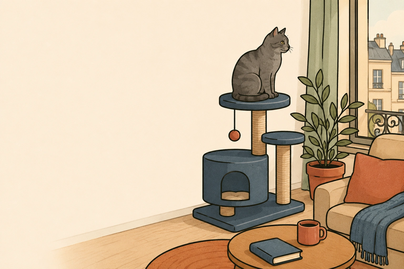 Un chat gris assis sur un arbre à chat près d'une fenêtre, un canapé et une plante