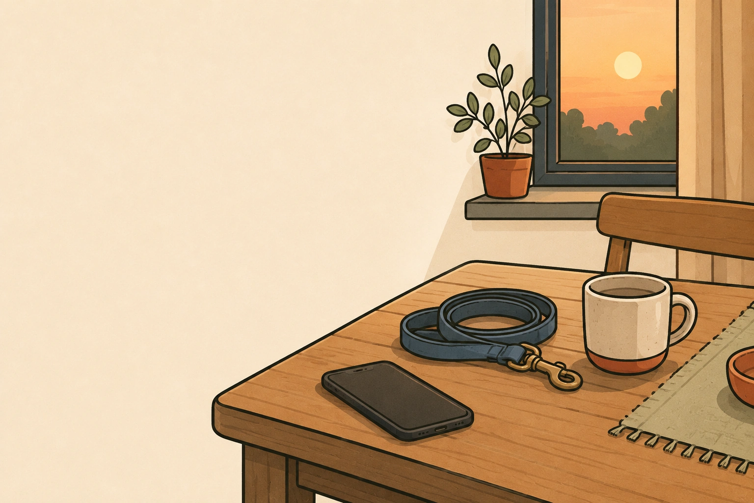 Une table en bois au coucher du soleil, une laisse enroulée, un téléphone et une tasse posés dessus près d'une fenêtre