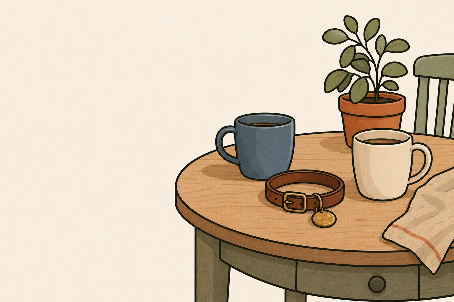 Une table ronde avec deux tasses de café, un collier à médaille posé entre elles, une plante et une chaise