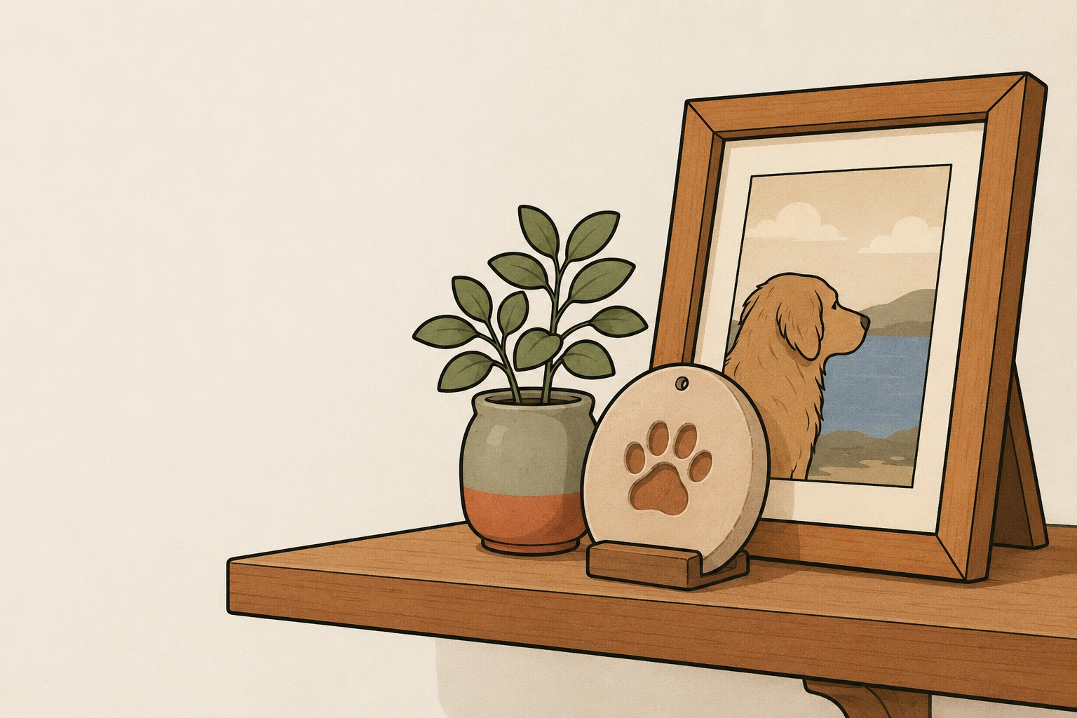 Sur une étagère, une empreinte de patte en argile posée devant le portrait encadré d'un chien, à côté d'une plante en pot