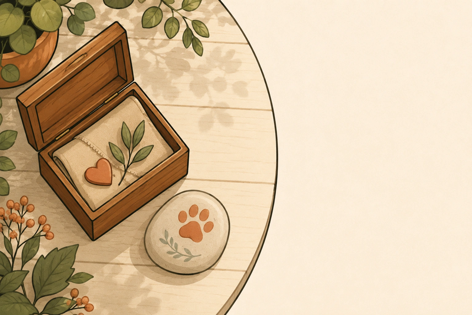 Vue de dessus d'une boîte souvenir en bois contenant une couverture pliée et un cœur terracotta, près d'un galet peint d'une empreinte de patte