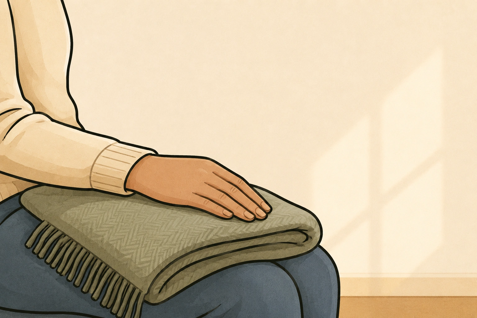 Les mains d'une personne assise, posées sur une couverture pliée sur ses genoux, à la place laissée vide par l'animal