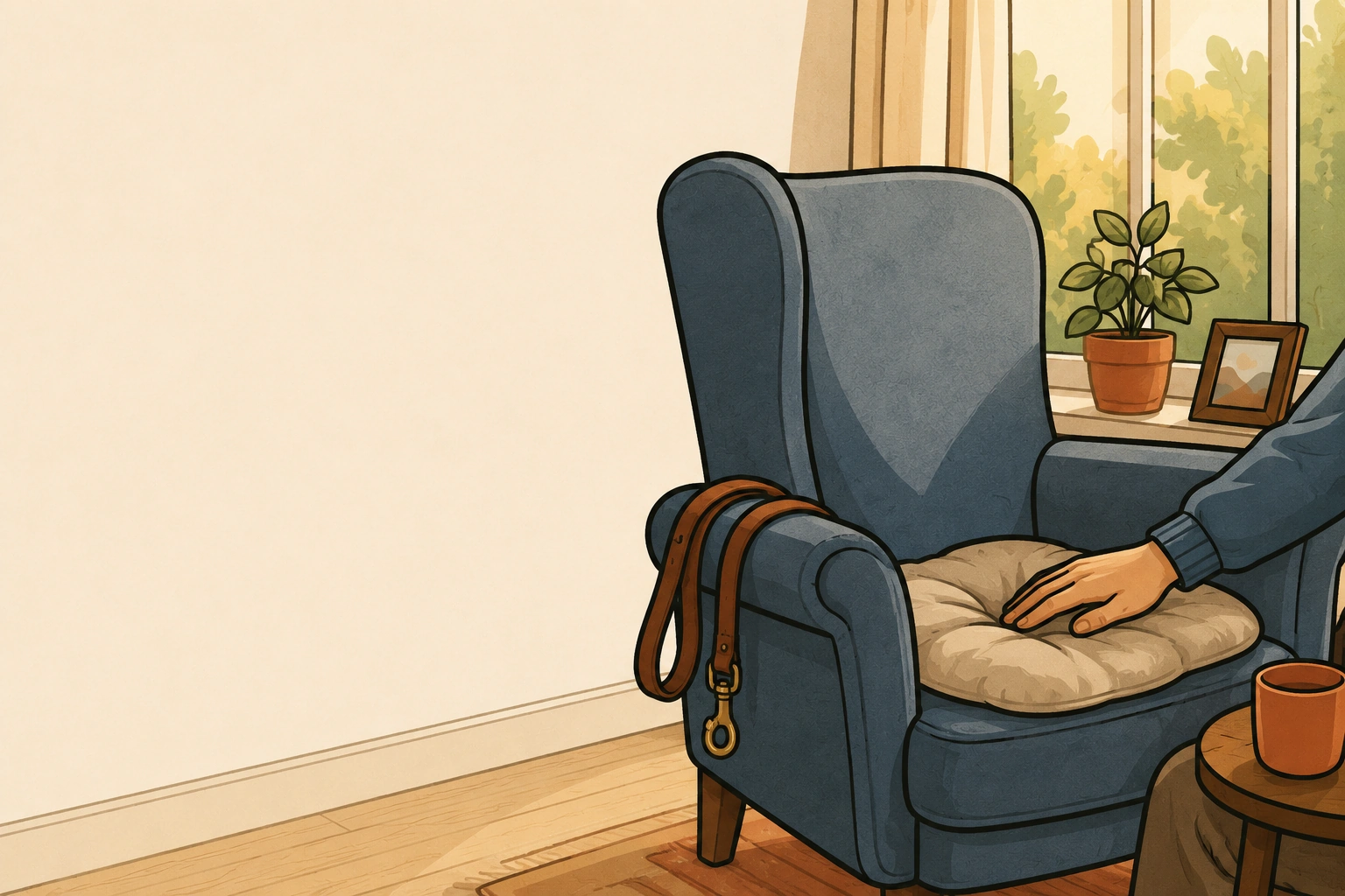 Un fauteuil vide près d'une fenêtre, une laisse posée sur l'accoudoir, une main d'humain caressant le coussin resté vide