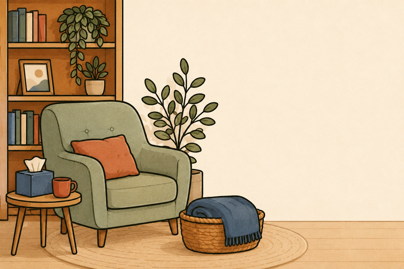 Un fauteuil vert accueillant près d'une bibliothèque, une boîte de mouchoirs et une tasse sur une petite table, un panier avec un plaid bleu