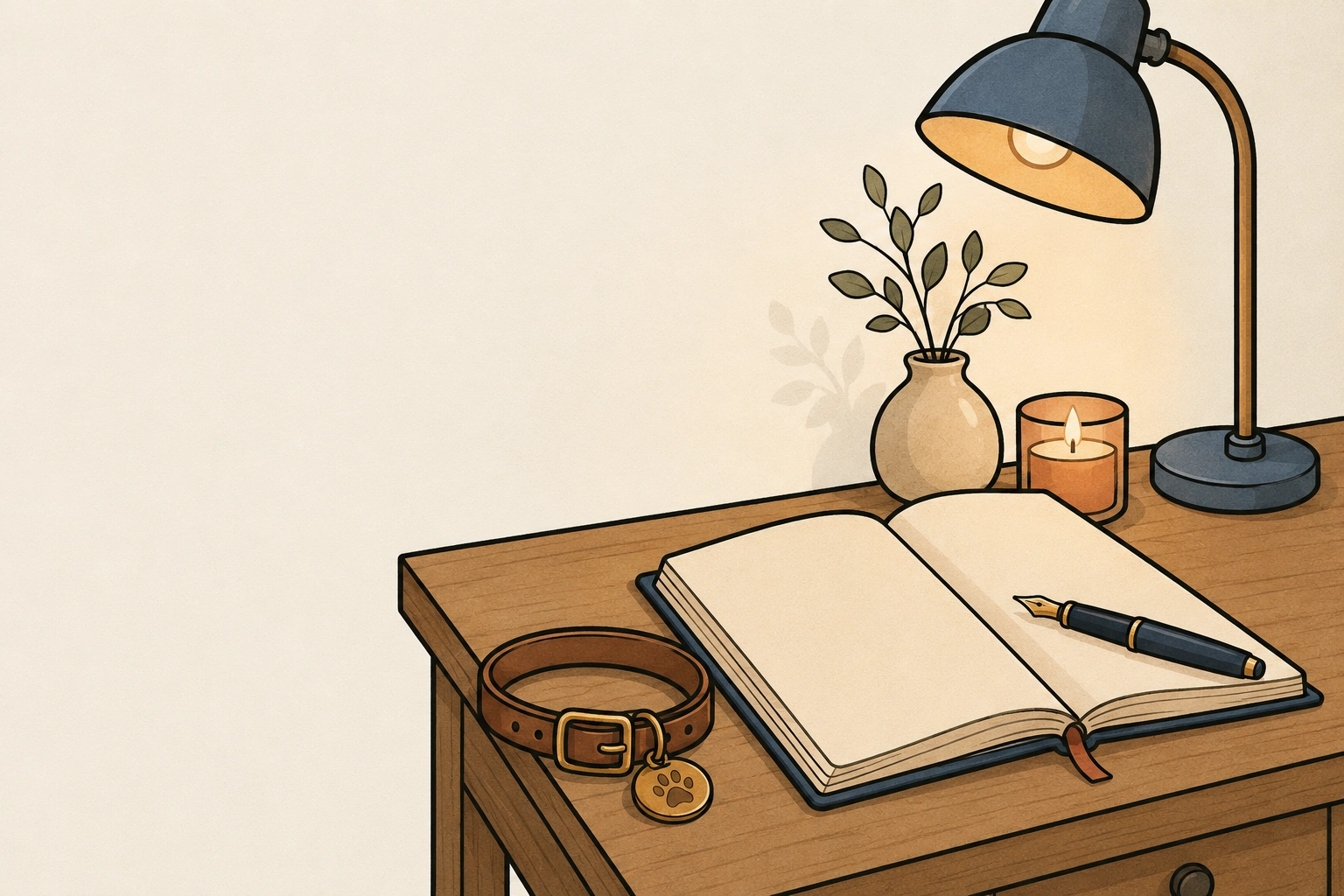 Un carnet ouvert et un stylo plume sous une lampe de bureau, près d'un collier à médaille, d'une bougie et d'un vase
