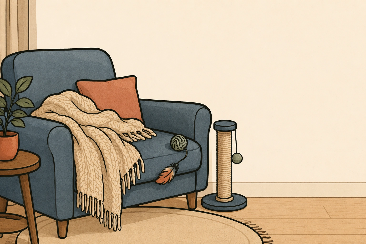 Un fauteuil bleu avec un plaid tricoté et des jouets de chat (balle de laine, plumeau), un griffoir à côté
