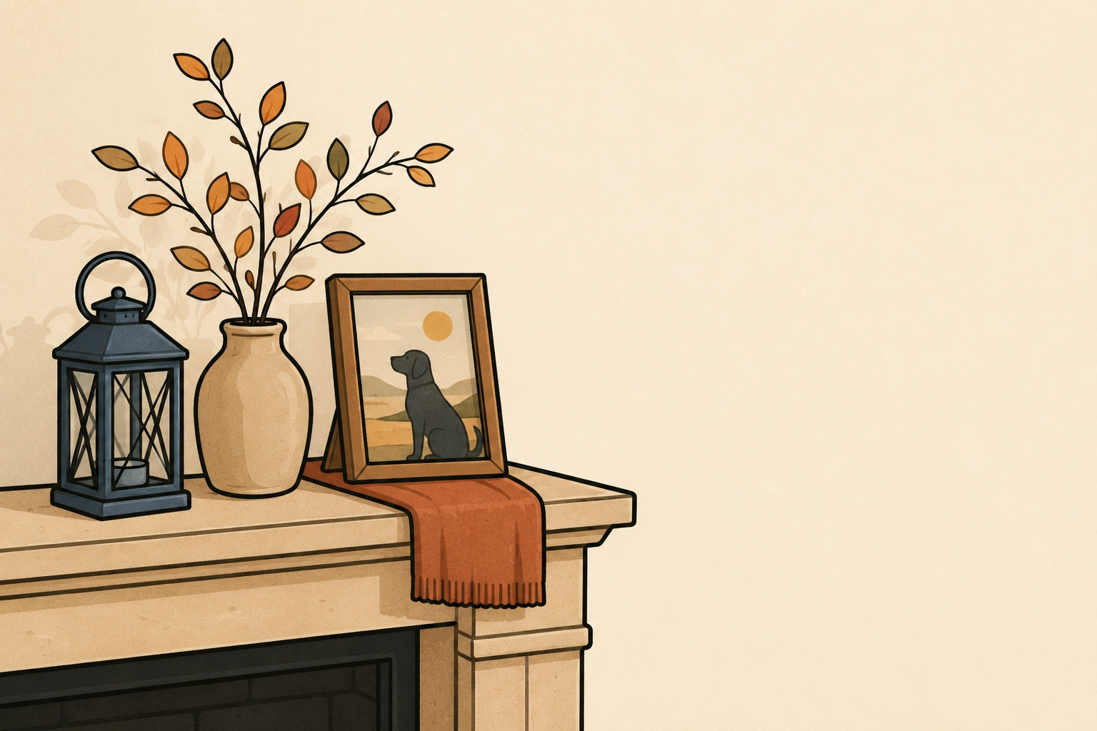 Sur un manteau de cheminée, une lanterne, un vase de branches d'automne, le portrait encadré d'un chien et un plaid roux