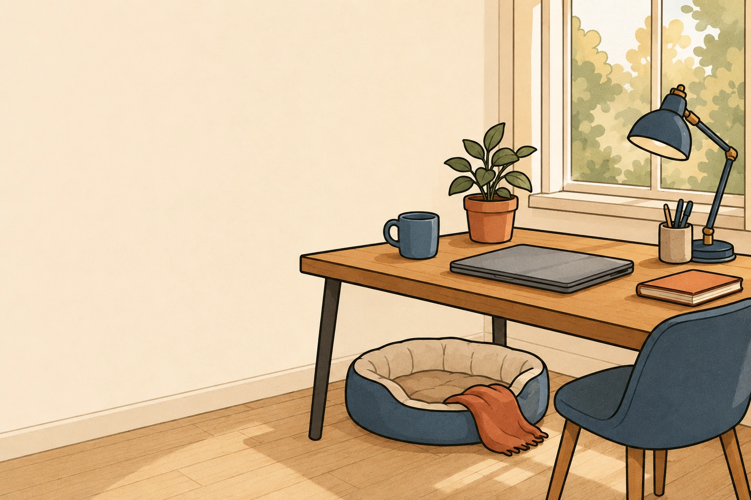 Un bureau près d'une fenêtre avec un ordinateur portable fermé, une tasse et une plante, et sous la table un panier d'animal vide avec un plaid orangé