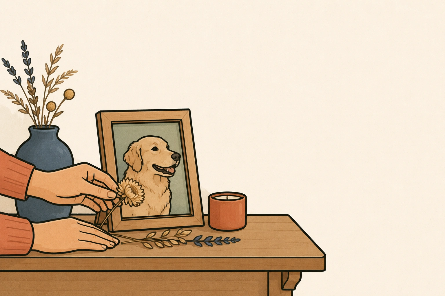 Deux mains déposent une fleur séchée devant la photo encadrée d'un chien, près d'une bougie et d'un vase de fleurs séchées