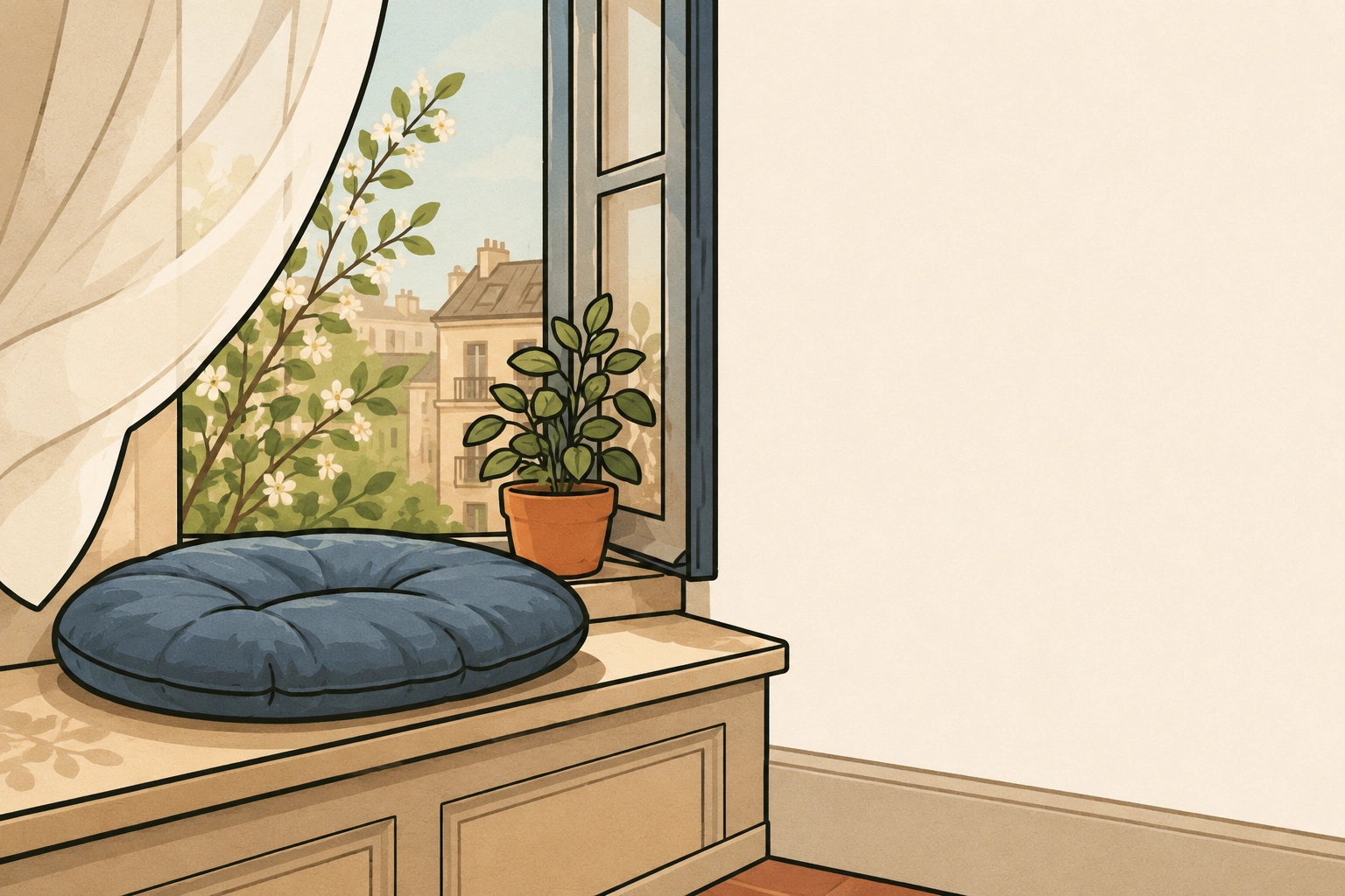 Une banquette de fenêtre avec un coussin bleu, une fenêtre ouverte sur des fleurs de printemps, une plante