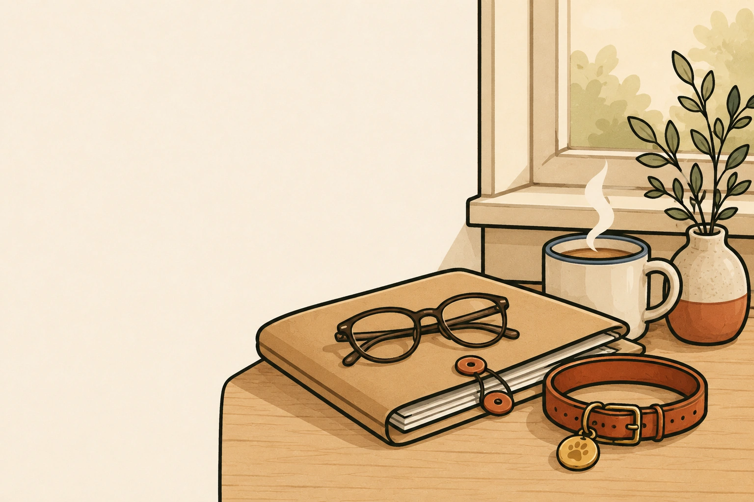 Une pochette de documents fermée, des lunettes, un collier à médaille et une tasse fumante sur une table claire, devant une fenêtre
