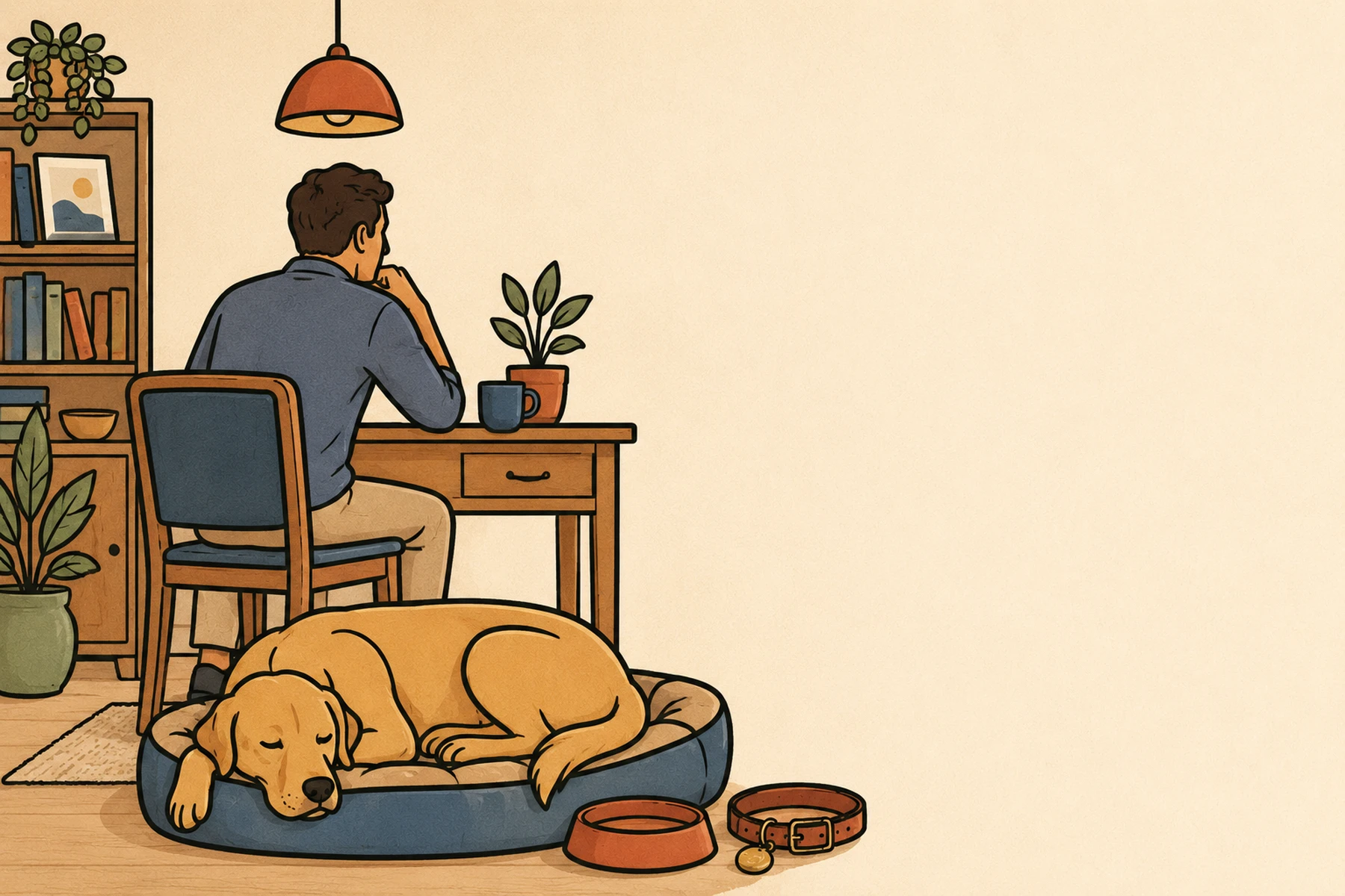 Un homme assis de dos à son bureau, son chien endormi paisiblement dans son panier à ses pieds